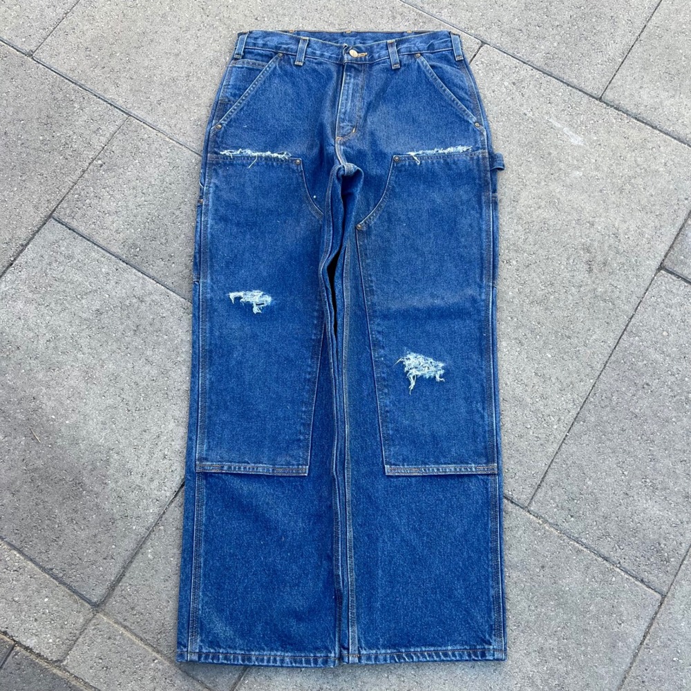 Carhartt B73-DST Double Front Logger Jeans Blue Denim 32x30 Mens Distressed